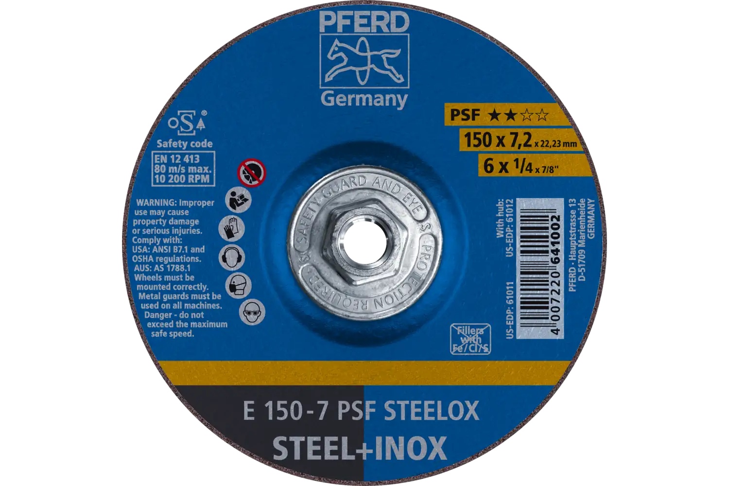 Picture of Pferd Grinding Wheel, 6" X 1/4 X 5/8-11, Psf Steelox, T27, Aluminum Oxide